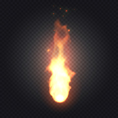 Bright realistic fire flames with transparency isolated on checkered vector background. Special light effects for design and decoration. Fireball easy to use.