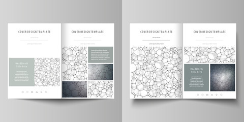Business templates for bi fold brochure, flyer. Cover design template, vector layout in A4 size. Chemistry pattern, molecular texture, polygonal molecule structure, cell. Medicine microbiology concept