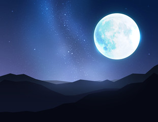 Big blue moon in night sky over mountain. Vector illustration.