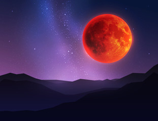 Fototapeta na wymiar Big red moon in night sky over mountain. Vector illustration.