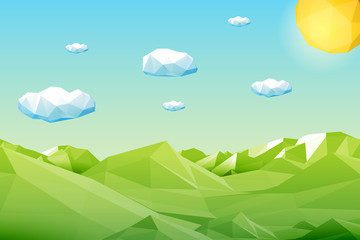 Paysage vert polygonal abstrait avec des montagnes, des collines, des nuages et du soleil. Illustration vectorielle géométrique moderne.