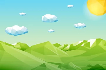 Fotobehang Abstract veelhoekig groen landschap met bergen, heuvels, wolken en zon. Moderne geometrische vectorillustratie. © cgterminal