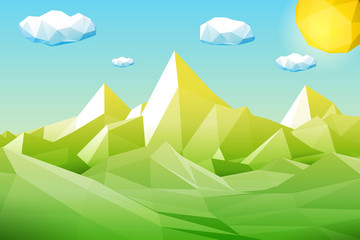 Abstract polygonal green landscape with mountains, hills, clouds and sun. Modern geometric vector illustration.