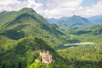 Fototapeta na wymiar Castle Hohenschwangau, eternal forest with mountains of Bavaria, Germany.