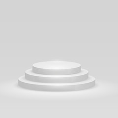 Round podium, pedestal or platform with three steps on white background. Vector illustration.