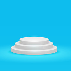 Round podium, pedestal or platform with three steps on blue background. Vector illustration.