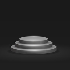 Round podium, pedestal or platform with three steps on black background. Vector illustration.