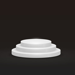 Round podium, pedestal or platform with three steps on black background. Vector illustration.