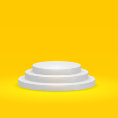 Round podium, pedestal or platform with three steps on yellow background. Vector illustration.