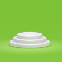 Round podium, pedestal or platform with three steps on green background. Vector illustration.