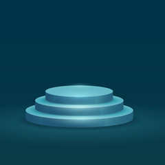 Round podium, pedestal or platform with three steps on blue background. Vector illustration.