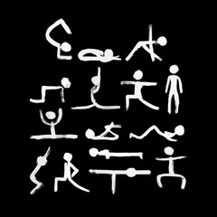 Stick figures in different yoga poses created by dry brush. Grunge calligraphy style.