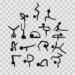 Stick figures in different yoga poses created by dry brush. Grunge calligraphy style.