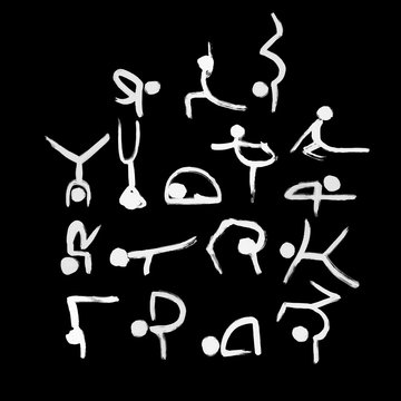 Stick figures in different yoga poses created by dry brush. Grunge calligraphy style.