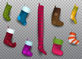 Set of cute cartoon christmas socks on transparent background. Vector illustration.