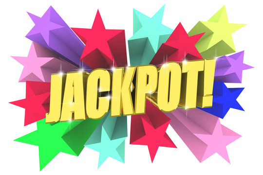 Jackpot golden word among bright multicolored stars. 3d render