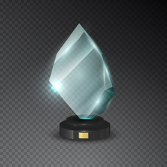 Realistic empty glass trophy awards. Glossy transparent prize for award. Vector illustration.