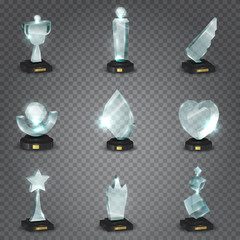 Set of realistic empty glass trophy awards. Glossy transparent prize for award. Vector illustration.