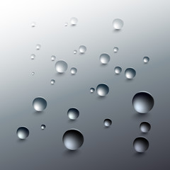 Water drops on a gray background. Round raindrops with shadows, inclined surface. Vector illustration.