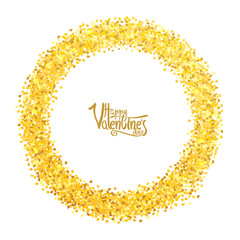 Circle with gold glitter particles in form of hearts, realistic effect, on white background. Vector illustration.