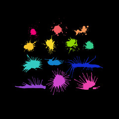 Hand drawn blots, splashes and blobs. Bright color blots on the black background.