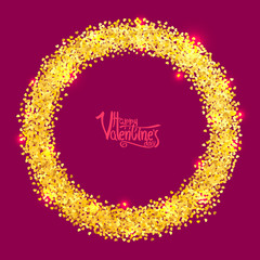 Circle with gold glitter particles in form of hearts, realistic effect, on red background. Vector illustration.