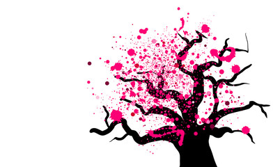 Isolated tree with abstract flowers of sakura. Pink dust and splashes looks like  blossoms of Japanese cherry tree.