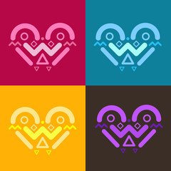 Set of modern abstract background with simple different geometric shapes in form of heart. Design tribal elements for cover, poster, flyer. Vector illustration.