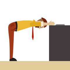 Man in business clothes is doing exercises for back on the office chair. Businessman in healthy forward bend pose.