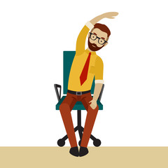 Man in business clothes is doing exercises for back on the office chair. Businessman in healthy tilt arm and body to the side pose.