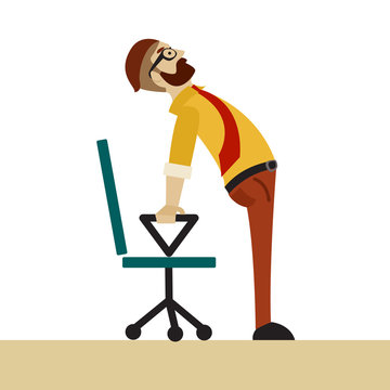 Man in business clothes is doing exercises for back on the office chair. Businessman in healthy backbend pose.