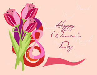 Beautiful card for the holiday March 8 with delicate tulips to the International Women's Day. Congratulations on Mother's Day. Beautiful flowers on a pink background. Bouquet for the girlfriend.