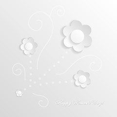 White abstract background with white flowers. Delicate 3D greeting card for the International Women's Day. Congratulations on March 8! Cut paper elements. Origami, applique. World Day of the woman. 