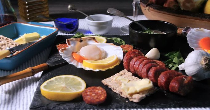 Dolly view of ingredients for scallops with chorizo in garlic mayonnaise