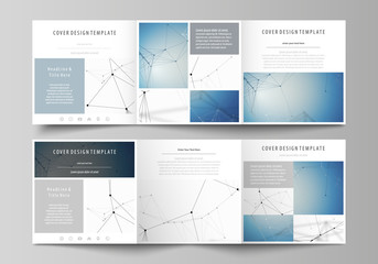 Set of business templates for tri fold square design brochures. Leaflet cover, abstract vector layout. Geometric blue color background, molecule structure, science concept. Connected lines and dots.