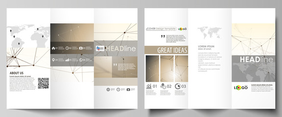 Fototapeta na wymiar Tri-fold brochure business templates on both sides. Abstract vector layout in flat design. Technology, science, medical concept. Golden dots and lines, cybernetic digital style. Lines plexus.