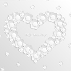 White abstract background with white flowers. Delicate 3D greeting card for the International Women's Day. Congratulations on March 8! Cut paper elements. Origami, applique. World Day of the woman. 