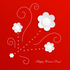 Red abstract background with white flowers. Delicate 3D greeting card for the International Women's Day. Congratulations on March 8! Cut paper elements. Origami, applique. World Day of the woman. 