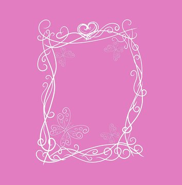 Elegant white  frame with butterflies, painted lines with swirls, on a pink background	