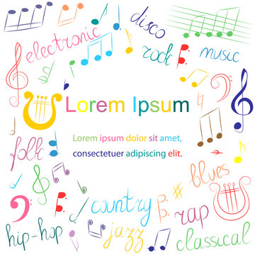 Colorful Hand Drawn Set of  Music Symbols. Doodle Treble Clef, Bass Clef, Notes and Lyre. Lettering of  Blues, Electronic, Jazz, Rap, Disco, Folk, Country, Rock, Classical.  Vector Illustration.