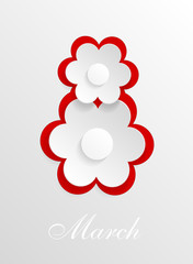 White abstract background with white flowers. Delicate 3D greeting card for the International Women's Day. Congratulations on March 8! Cut paper elements. Origami, applique. World Day of the woman. 