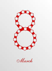 White abstract background with white flowers. Delicate 3D greeting card for the International Women's Day. Congratulations on March 8! Cut paper elements. Origami, applique. World Day of the woman. 