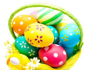 Perfect colorful handmade easter eggs in the basket