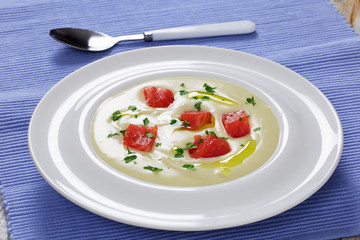 hot creamy soup puree with Smoked salmon