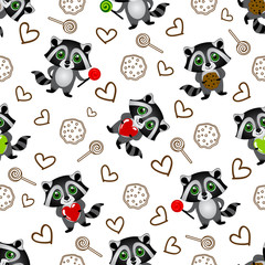 Fototapeta na wymiar Cute kids pattern for girls and boys. Colorful raccoon on the abstract grunge background create a fun cartoon drawing. The background is made in neon colors. Urban backdrop for textile and fabric.