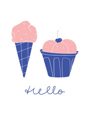 Ice cream cone and ice cream bowl vector illustration. Summer hand drawn design