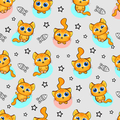 Cute kids pattern for girls and boys. Colorful kittens, cat on the abstract grunge background create a fun cartoon drawing. The background is made in neon colors. Urban backdrop for textile and fabric