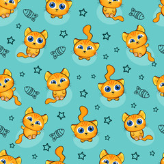 Cute kids pattern for girls and boys. Colorful kittens, cat on the abstract grunge background create a fun cartoon drawing. The background is made in neon colors. Urban backdrop for textile and fabric