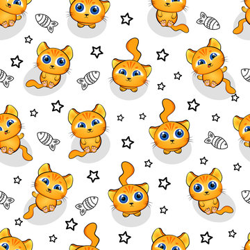 Cute kids pattern for girls and boys. Colorful kittens, cat on the abstract grunge background create a fun cartoon drawing. The background is made in neon colors. Urban backdrop for textile and fabric