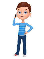 Boy with mobile phone isolated on white background. 3d render illustrations.